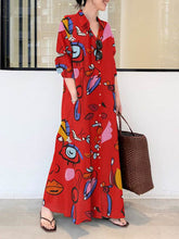 Buttoned Pockets Printed Long Sleeves Loose Lapel Shirt Dress Maxi Dresses